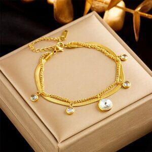 18K Gold Plated Double-Chain Charm Bracelet – Layered & Elegant
